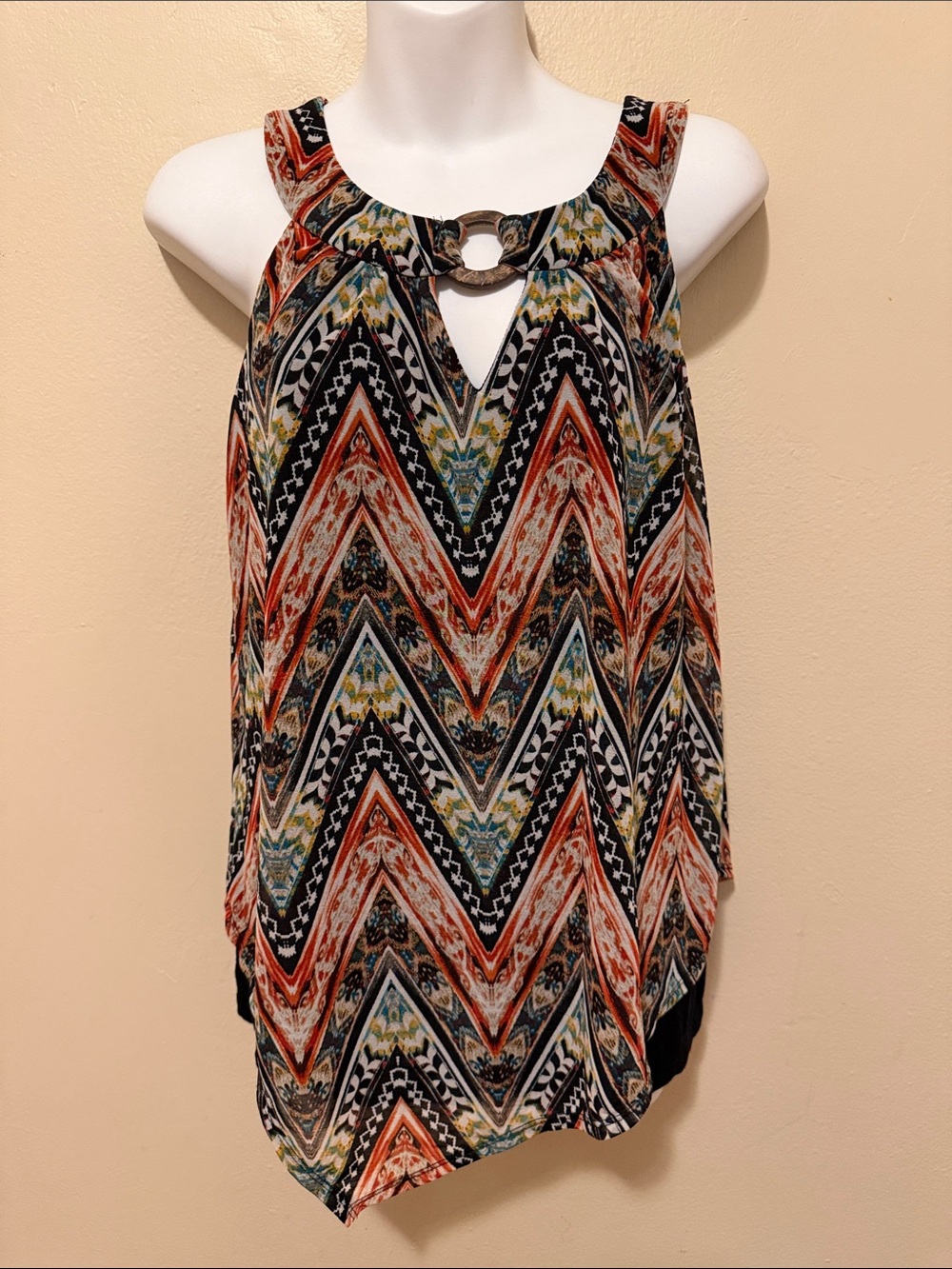 AB Studio Multicolor Chevron Ring-Neck Sleeveless Blouse